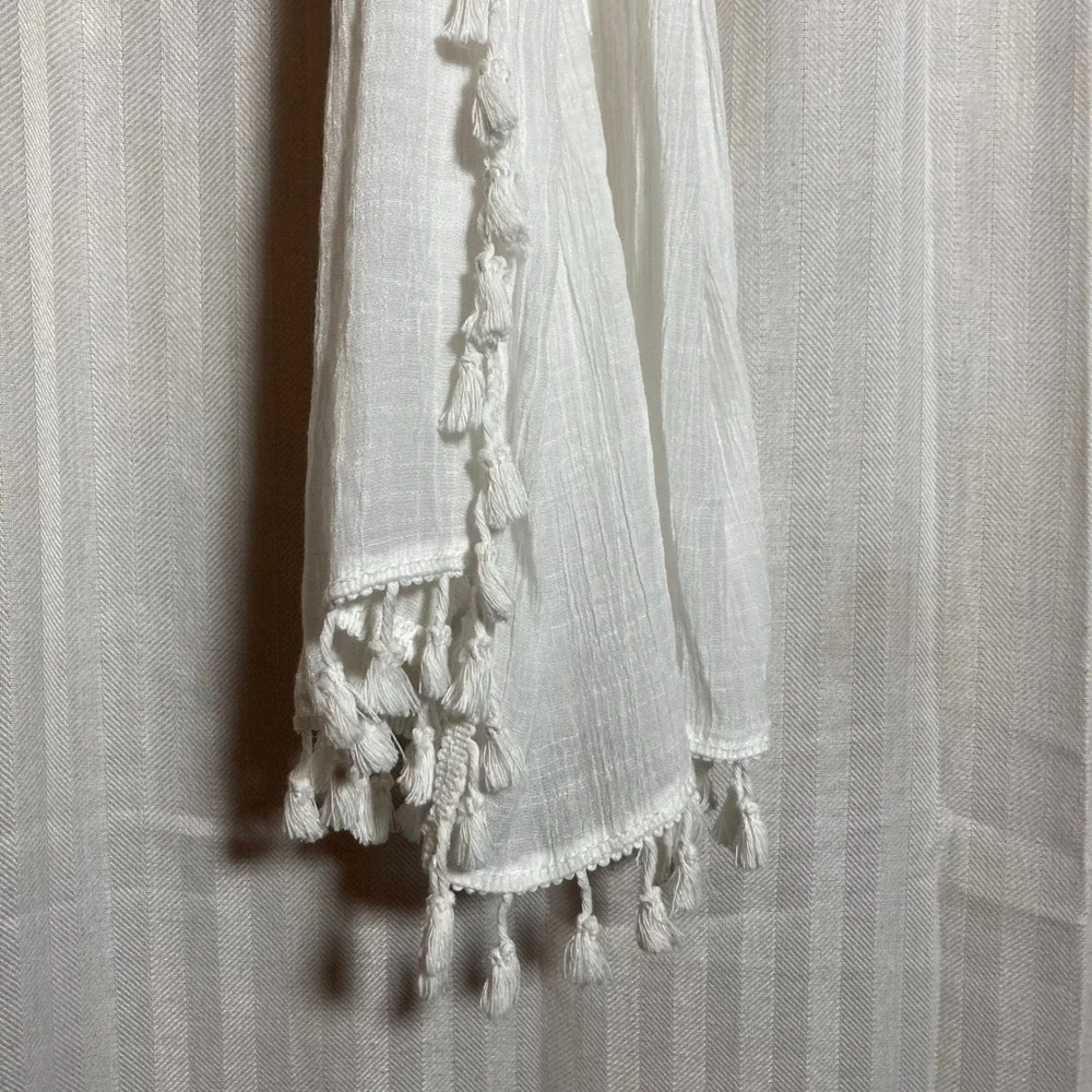 Sheer Boho Scarf Sarong White Crinkle‎ Gauze with Tassel Trim Wrap Beach SHEIN